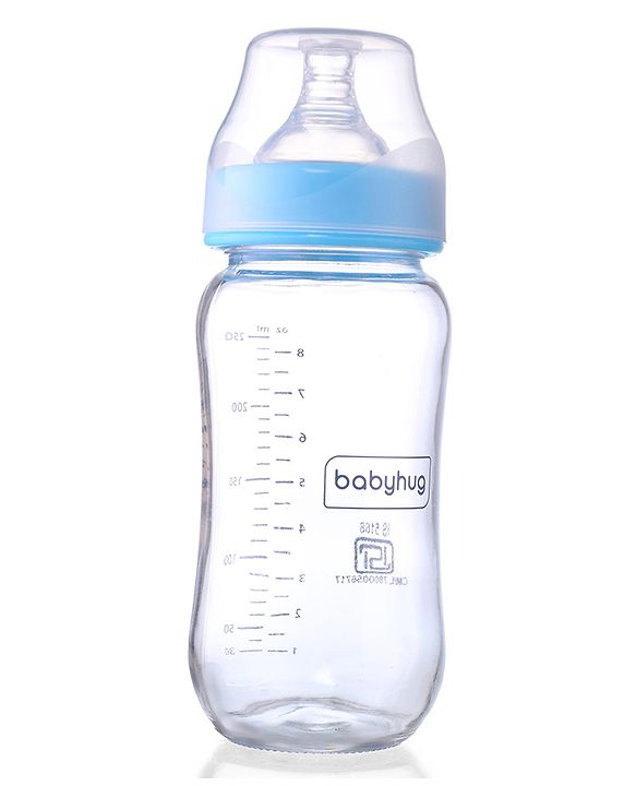 Babyhug GentleFlow Wide Neck Feeding Bottles Set of 2 - 240ml Each Blue|Heat-Resistant Borosilicate Glass| Anti-Colic Silicone Nipple|Leak-Proof|Microwave and Sterilizer Safe| BPA Free|Measuring Scale