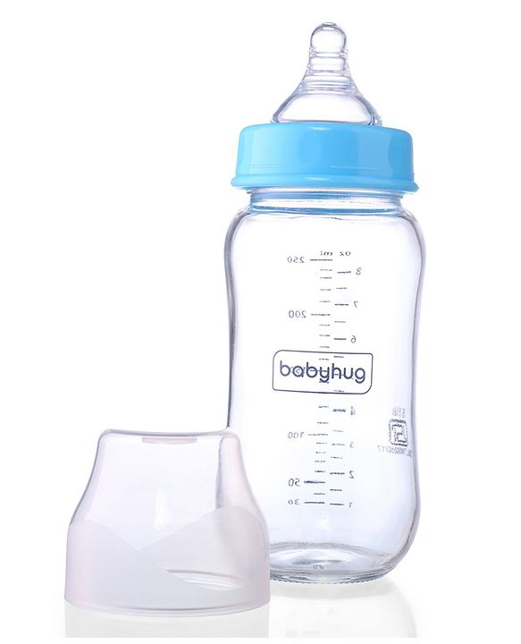 Babyhug GentleFlow Wide Neck Feeding Bottles Set of 2 - 240ml Each Blue|Heat-Resistant Borosilicate Glass| Anti-Colic Silicone Nipple|Leak-Proof|Microwave and Sterilizer Safe| BPA Free|Measuring Scale