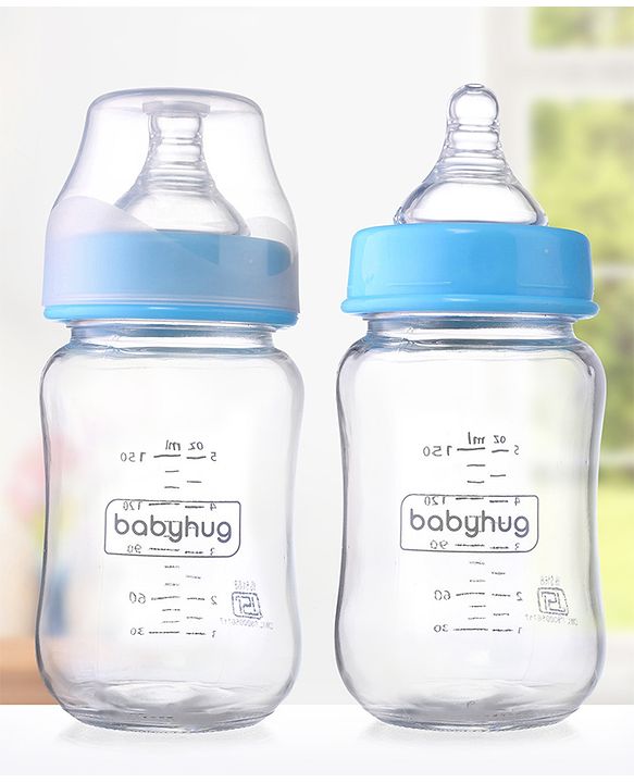 Babyhug GentleFlow Wide Neck Feeding Bottles Set of 2 - 120ml Each Blue|Heat-Resistant Borosilicate Glass| Anti-Colic Silicone Nipple|Leak-Proof|Microwave and Sterilizer Safe| BPA Free|Measuring Scale