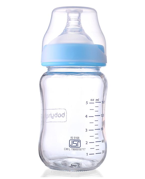 Babyhug GentleFlow Wide Neck Feeding Bottles Set of 2 - 120ml Each Blue|Heat-Resistant Borosilicate Glass| Anti-Colic Silicone Nipple|Leak-Proof|Microwave and Sterilizer Safe| BPA Free|Measuring Scale