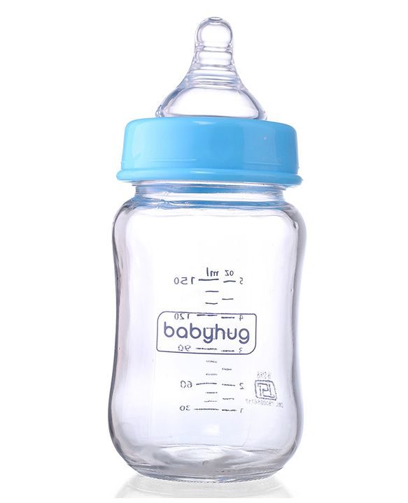 Babyhug GentleFlow Wide Neck Feeding Bottles Set of 2 - 120ml Each Blue|Heat-Resistant Borosilicate Glass| Anti-Colic Silicone Nipple|Leak-Proof|Microwave and Sterilizer Safe| BPA Free|Measuring Scale