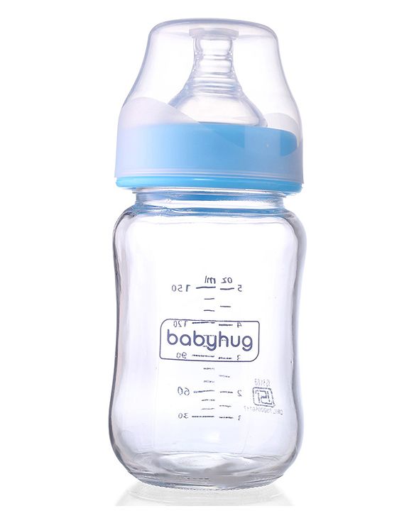 Babyhug GentleFlow Wide Neck Feeding Bottles Set of 2 - 120ml Each Blue|Heat-Resistant Borosilicate Glass| Anti-Colic Silicone Nipple|Leak-Proof|Microwave and Sterilizer Safe| BPA Free|Measuring Scale