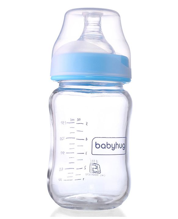 Babyhug GentleFlow Wide Neck Feeding Bottles Set of 2 - 120ml Each Blue|Heat-Resistant Borosilicate Glass| Anti-Colic Silicone Nipple|Leak-Proof|Microwave and Sterilizer Safe| BPA Free|Measuring Scale