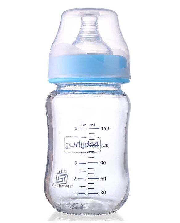 Babyhug GentleFlow Wide Neck Feeding Bottles Set of 2 - 120ml Each Blue|Heat-Resistant Borosilicate Glass| Anti-Colic Silicone Nipple|Leak-Proof|Microwave and Sterilizer Safe| BPA Free|Measuring Scale