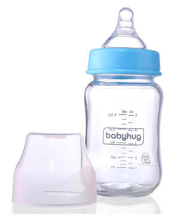 Babyhug GentleFlow Wide Neck Feeding Bottles Set of 2 - 120ml Each Blue|Heat-Resistant Borosilicate Glass| Anti-Colic Silicone Nipple|Leak-Proof|Microwave and Sterilizer Safe| BPA Free|Measuring Scale