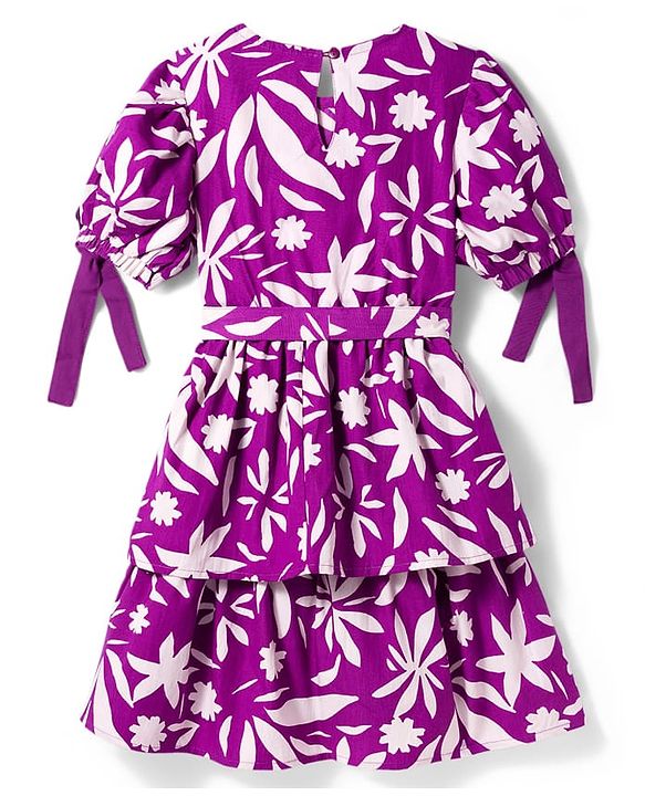 Pine Kids Woven Half Sleeves Floral Printed Layered Frock - Purple
