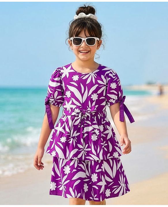 Pine Kids Woven Half Sleeves Floral Printed Layered Frock - Purple