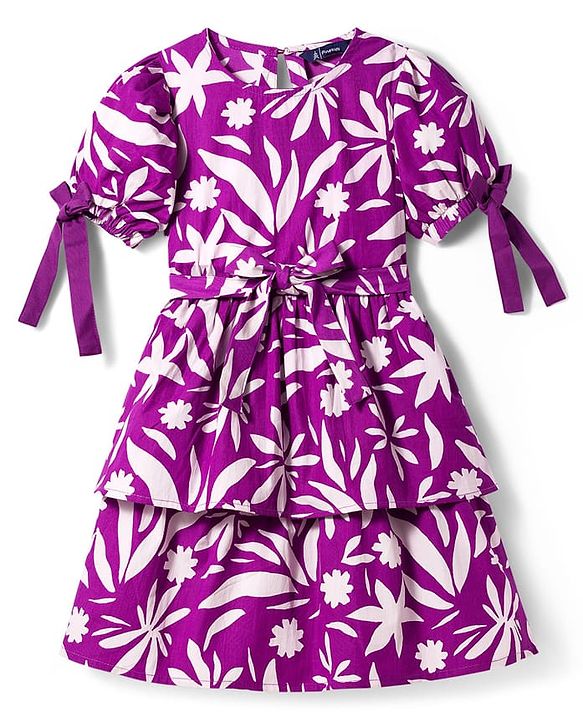Pine Kids Woven Half Sleeves Floral Printed Layered Frock - Purple