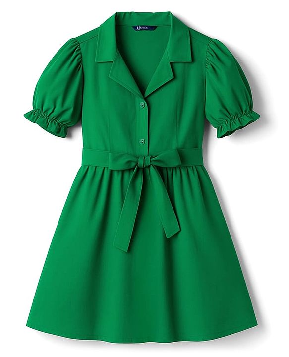 Pine Kids Poplin Woven Half Puffed Sleeves Solid Color Front Open Dress with Belt - Green