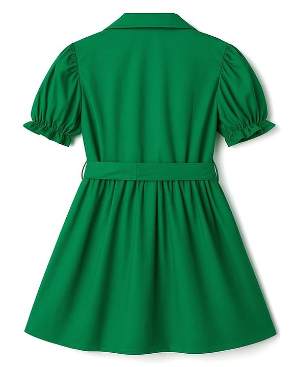 Pine Kids Poplin Woven Half Puffed Sleeves Solid Color Front Open Dress with Belt - Green