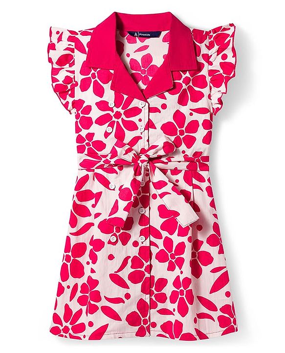 Pine Kids Woven Frill Sleeves Floral Printed Frock with Belt - Dark PInk