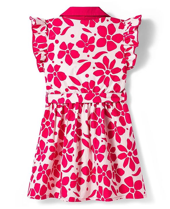 Pine Kids Woven Frill Sleeves Floral Printed Frock with Belt - Dark PInk
