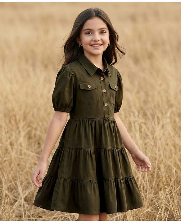 Pine Kids Cotton Woven Half Sleeves Solid Frock - Olive Green