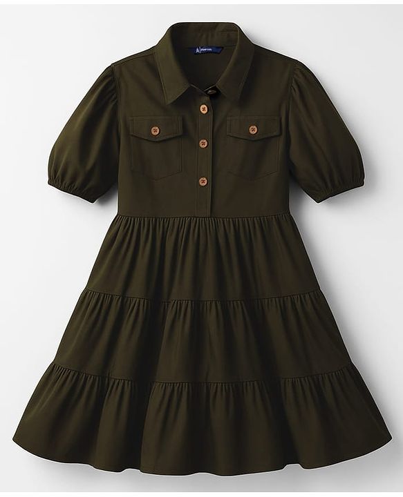 Pine Kids Cotton Woven Half Sleeves Solid Frock - Olive Green