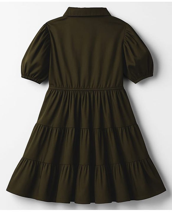 Pine Kids Cotton Woven Half Sleeves Solid Frock - Olive Green