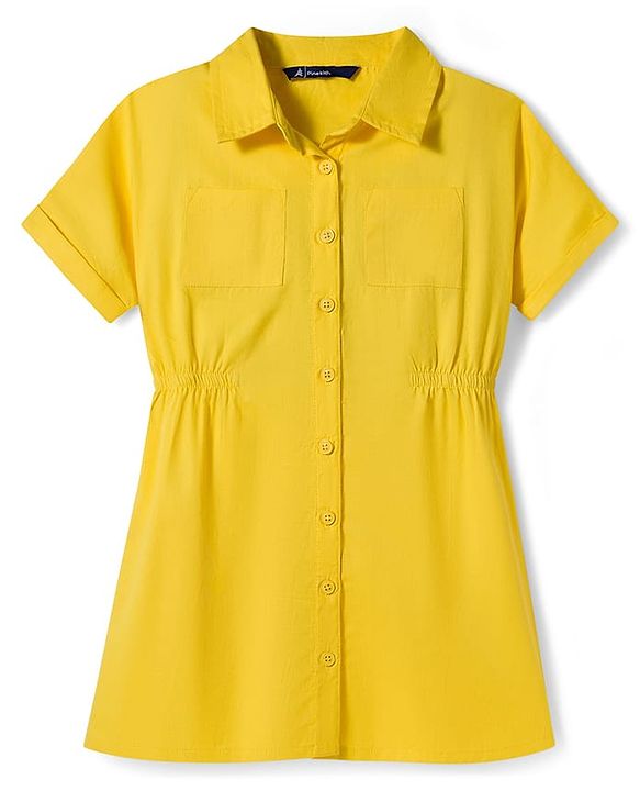 Pine Kids Cotton Woven Half Sleeves Solid Shirt Style Frock - Yellow