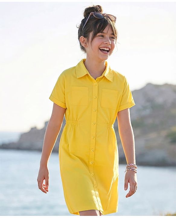 Pine Kids Cotton Woven Half Sleeves Solid Shirt Style Frock - Yellow