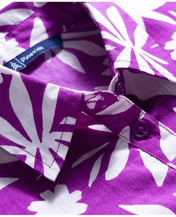 Pine Kids Cotton Woven Half Sleeves Top with Tropical Theme Print - Purple