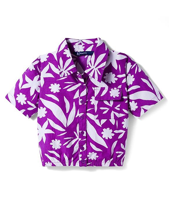 Pine Kids Cotton Woven Half Sleeves Top with Tropical Theme Print - Purple