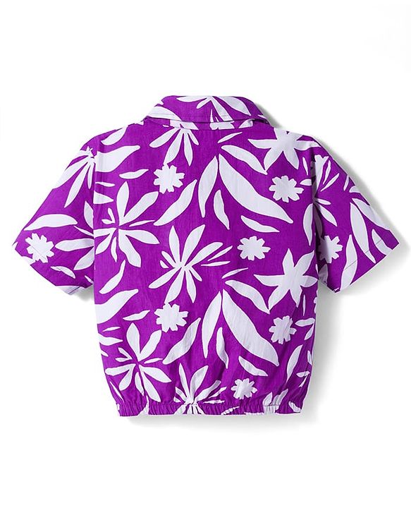 Pine Kids Cotton Woven Half Sleeves Top with Tropical Theme Print - Purple