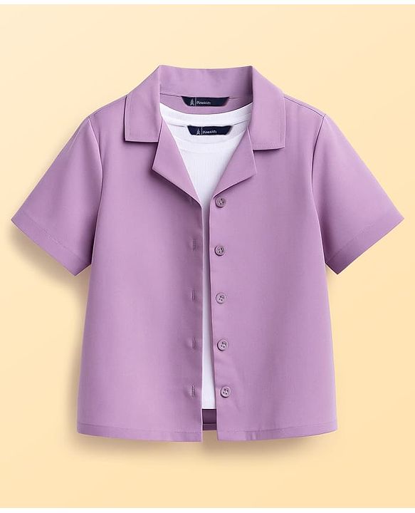 Pine Kids Cotton Woven Half Sleeves Solid Colour Shirt Style Top With T-Shirt - Lavender