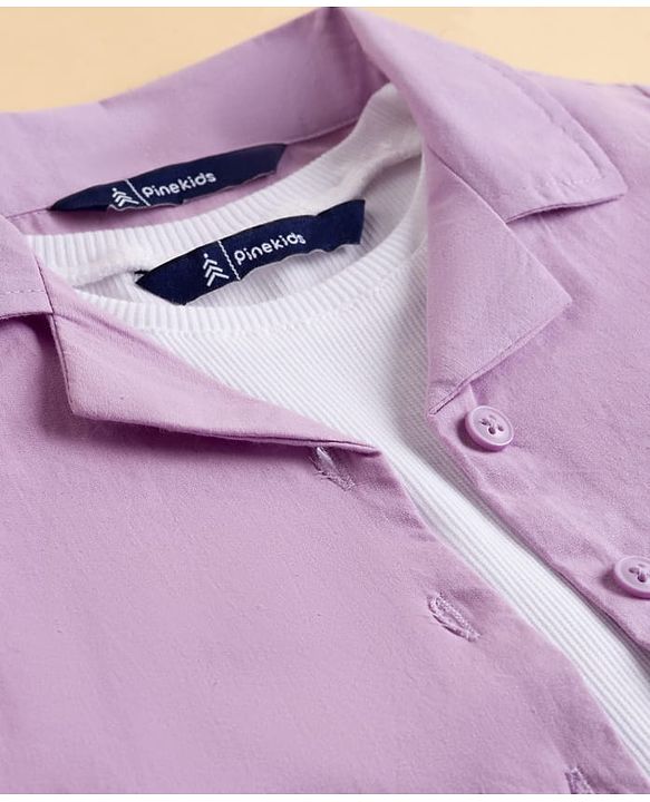 Pine Kids Cotton Woven Half Sleeves Solid Colour Shirt Style Top With T-Shirt - Lavender