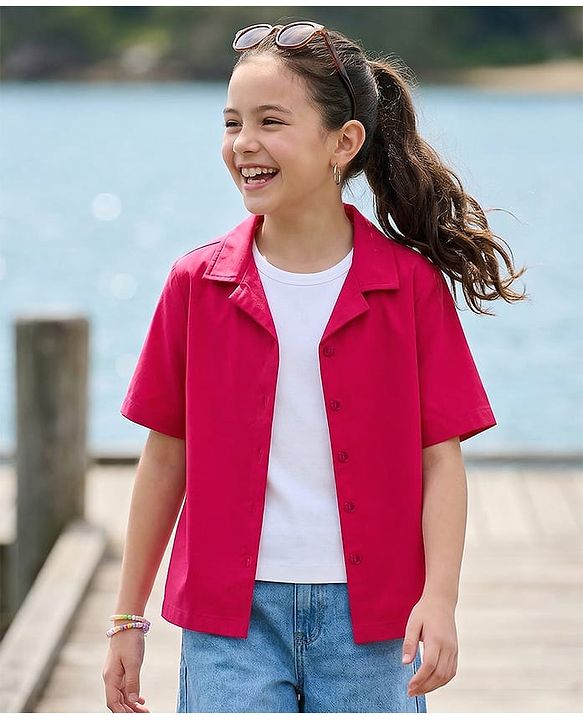 Pine Kids Cotton Woven Half Sleeves Solid Colour Top Style Shirt With T-Shirt - Fuschia