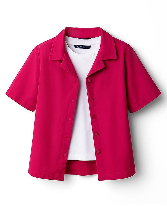 Pine Kids Cotton Woven Half Sleeves Solid Colour Top Style Shirt With T-Shirt - Fuschia