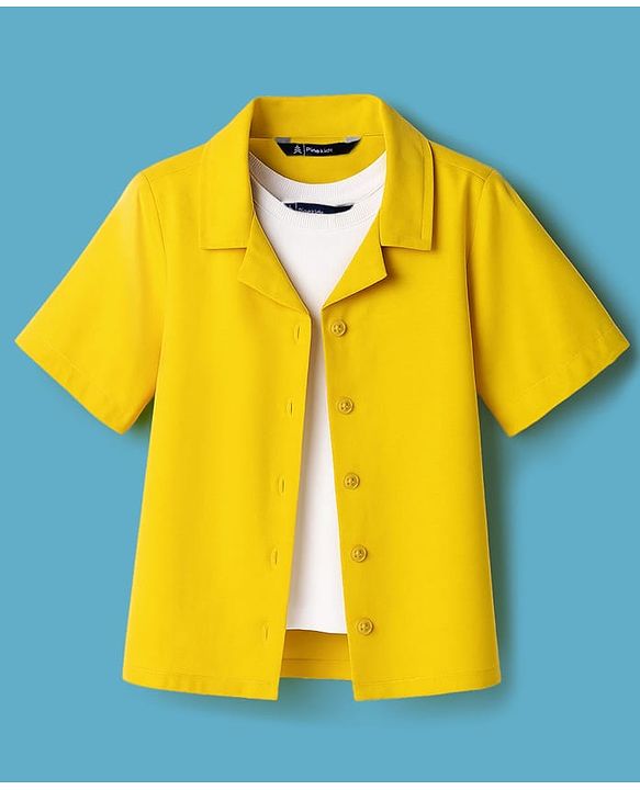 Pine Kids Cotton Woven Half Sleeves Solid Color Top with Inner Tee - Yellow