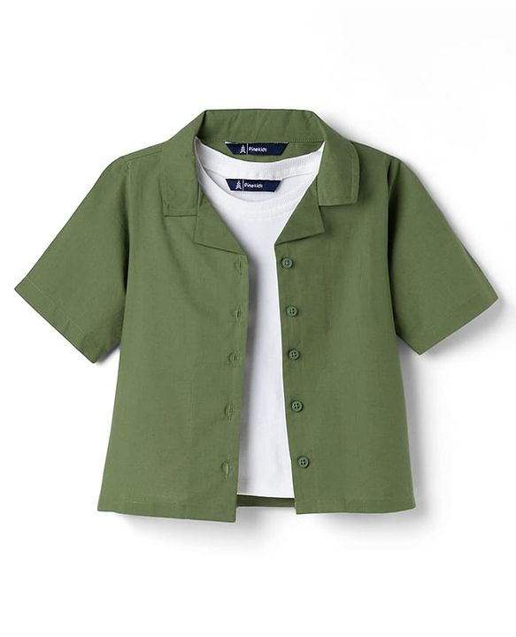 Pine Kids Cotton Woven Half Sleeves Solid Color Top & Inner Tee - Olive Green