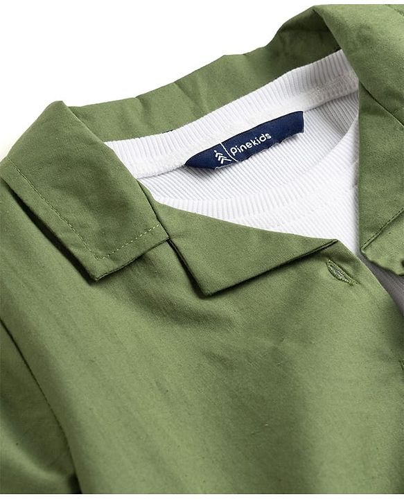 Pine Kids Cotton Woven Half Sleeves Solid Color Top & Inner Tee - Olive Green