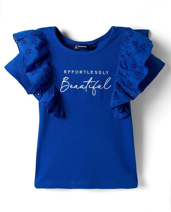 Pine Kids Cotton Lycra Knit Half Sleeves Top With Text Print - Royal Blue