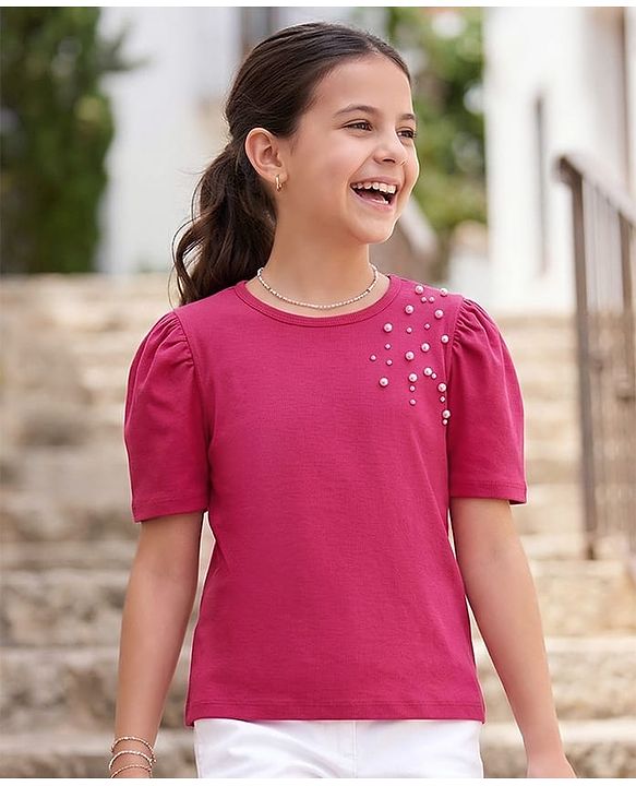 Pine Kids Cotton Lycra Knit Half Sleeves Top with Pearl Detailing - Dark Red