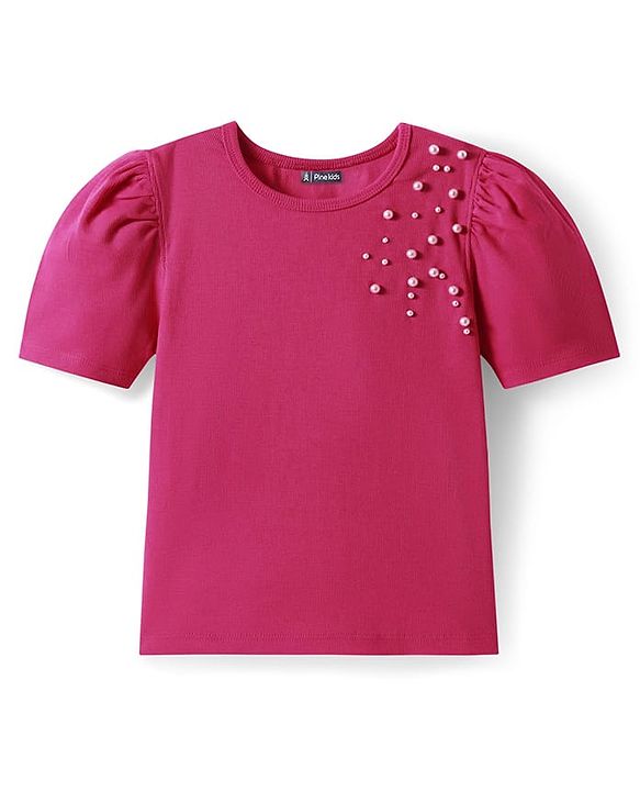 Pine Kids Cotton Lycra Knit Half Sleeves Top with Pearl Detailing - Dark Red