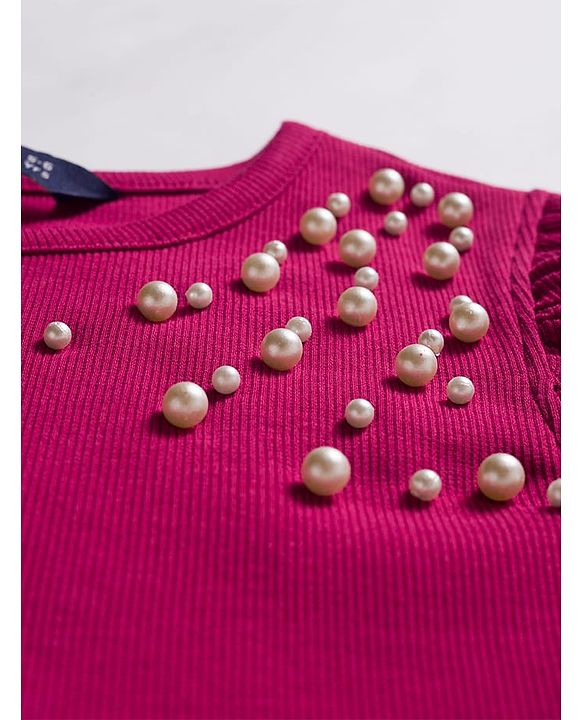 Pine Kids Cotton Lycra Knit Half Sleeves Top with Pearl Detailing - Dark Red