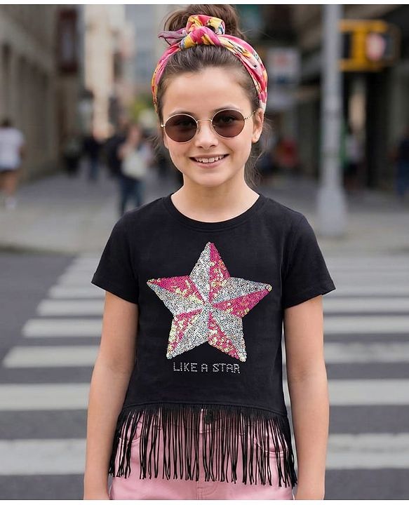 Pine Kids Cotton Knit Half Sleeves Top with Sequin Detailing - Black