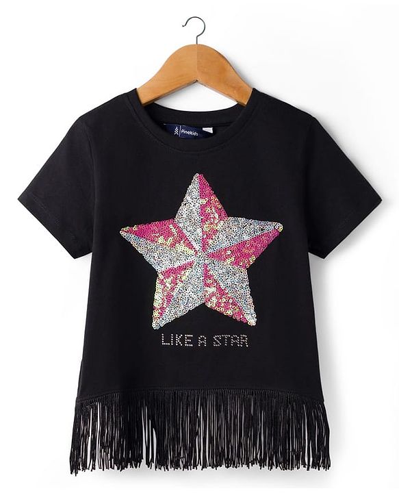 Pine Kids Cotton Knit Half Sleeves Top with Sequin Detailing - Black