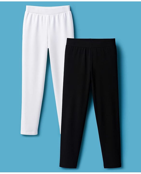 Pine Kids Cotton Lycra Knit Full Length Solid Leggings Pack of 2 - Black & White