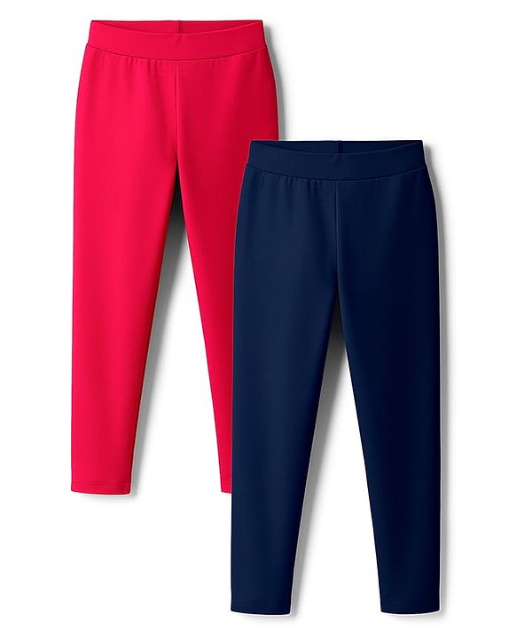 Pine Kids Cotton Lycra Knit Full Length Solid Leggings Pack of 2 - Navy Blue & Red