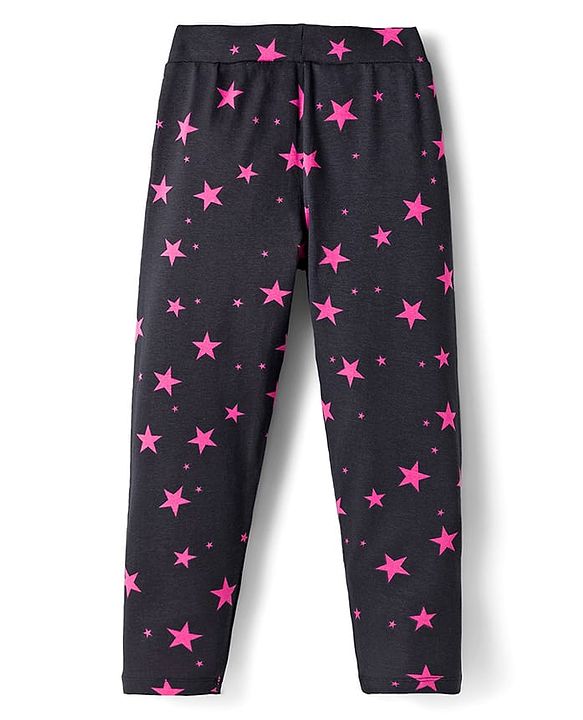 Pine Kids Cotton Lycra Knit Full Length Leggings With Star Print - Black