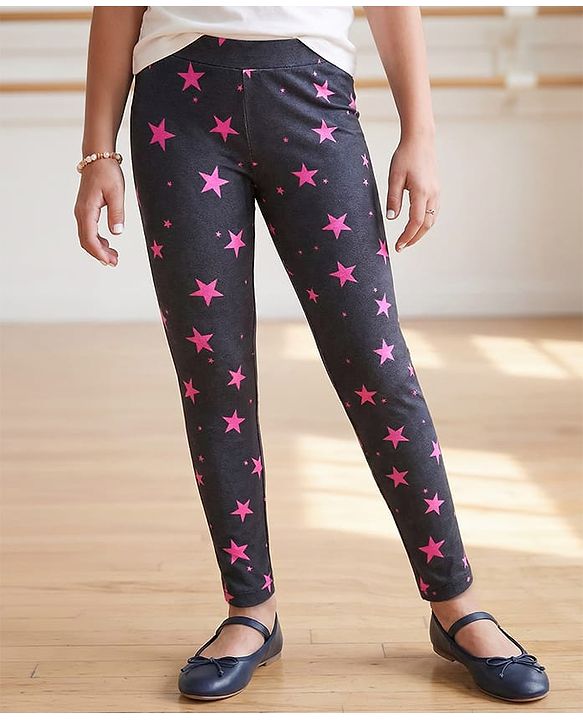 Pine Kids Cotton Lycra Knit Full Length Leggings With Star Print - Black