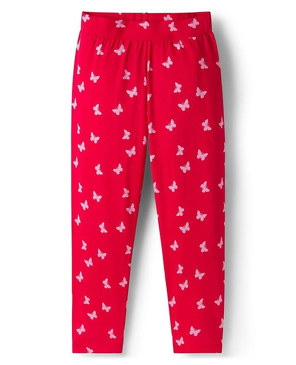 Pine Kids Cotton Lycra Knit Full Length Leggings With Butterfly Print - Red