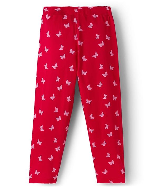 Pine Kids Cotton Lycra Knit Full Length Leggings With Butterfly Print - Red