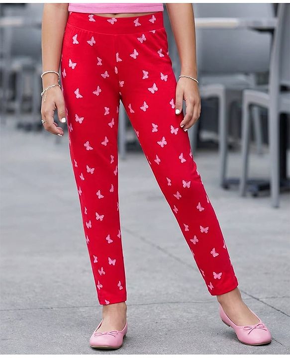 Pine Kids Cotton Lycra Knit Full Length Leggings With Butterfly Print - Red