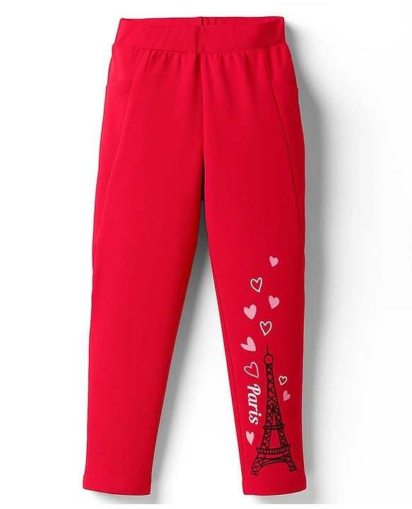 Pine Kids Cotton Lycra Knit Full Length Leggings With Eiffel Tower Print - Red