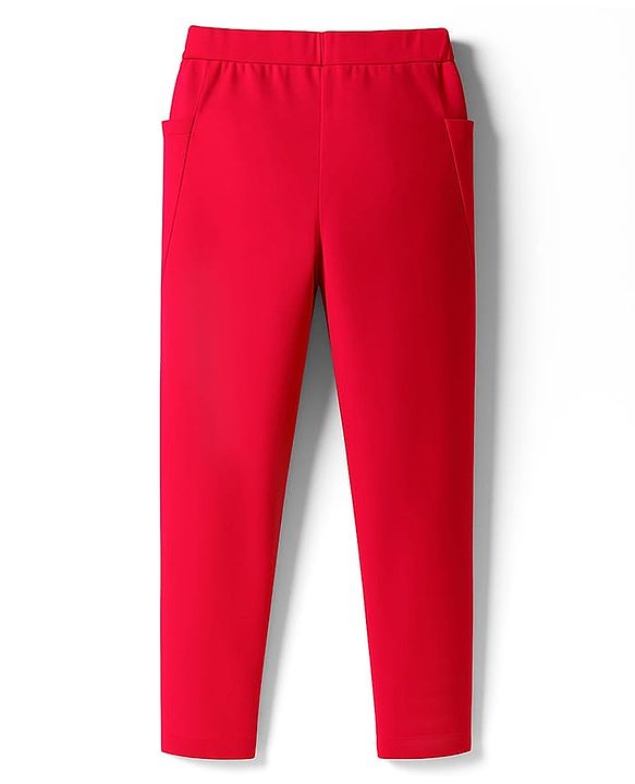 Pine Kids Cotton Lycra Knit Full Length Leggings With Eiffel Tower Print - Red