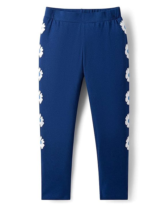 Pine Kids Cotton Lycra Knit Full Length Leggings With Floral Print - Navy Blue