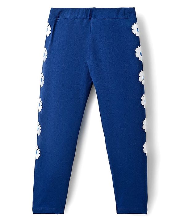 Pine Kids Cotton Lycra Knit Full Length Leggings With Floral Print - Navy Blue