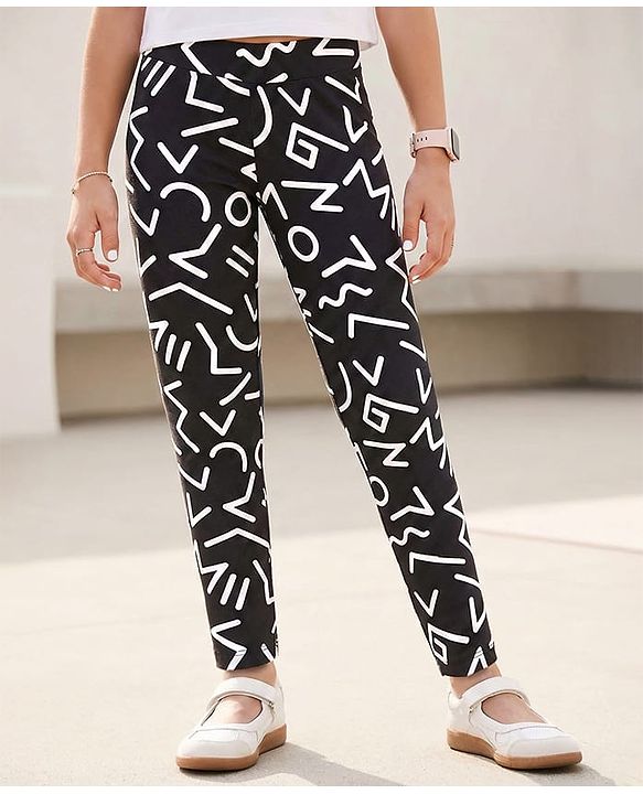 Pine Kids Cotton Lycra Knit Full Length Printed Leggings - Black