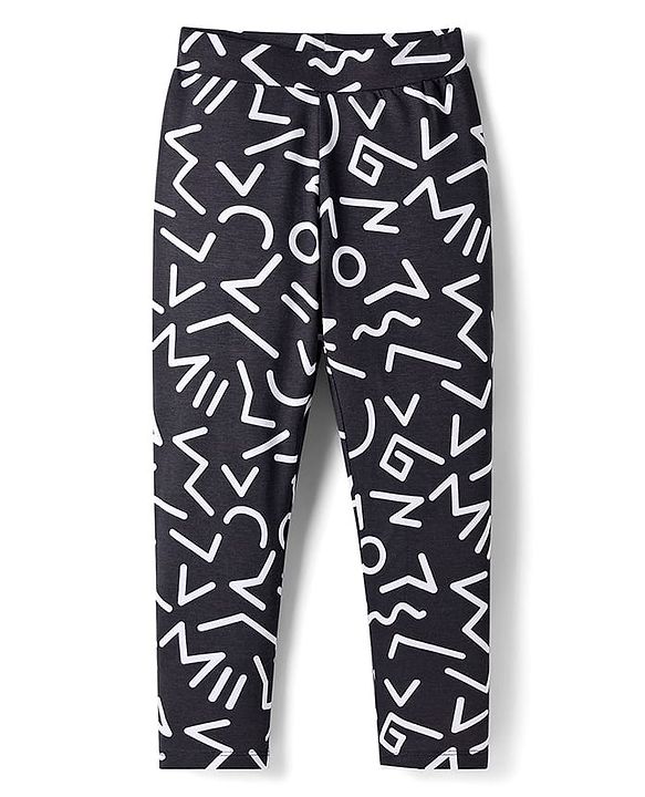 Pine Kids Cotton Lycra Knit Full Length Printed Leggings - Black